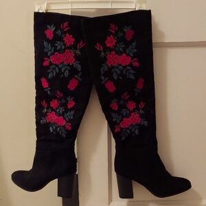 Libby Edelman Black Heeled Boots with Red Floral Embroidery